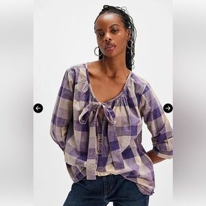 Free People We The Free Big Bow Buffalo Plaid Top Size m Bohemian Grunge